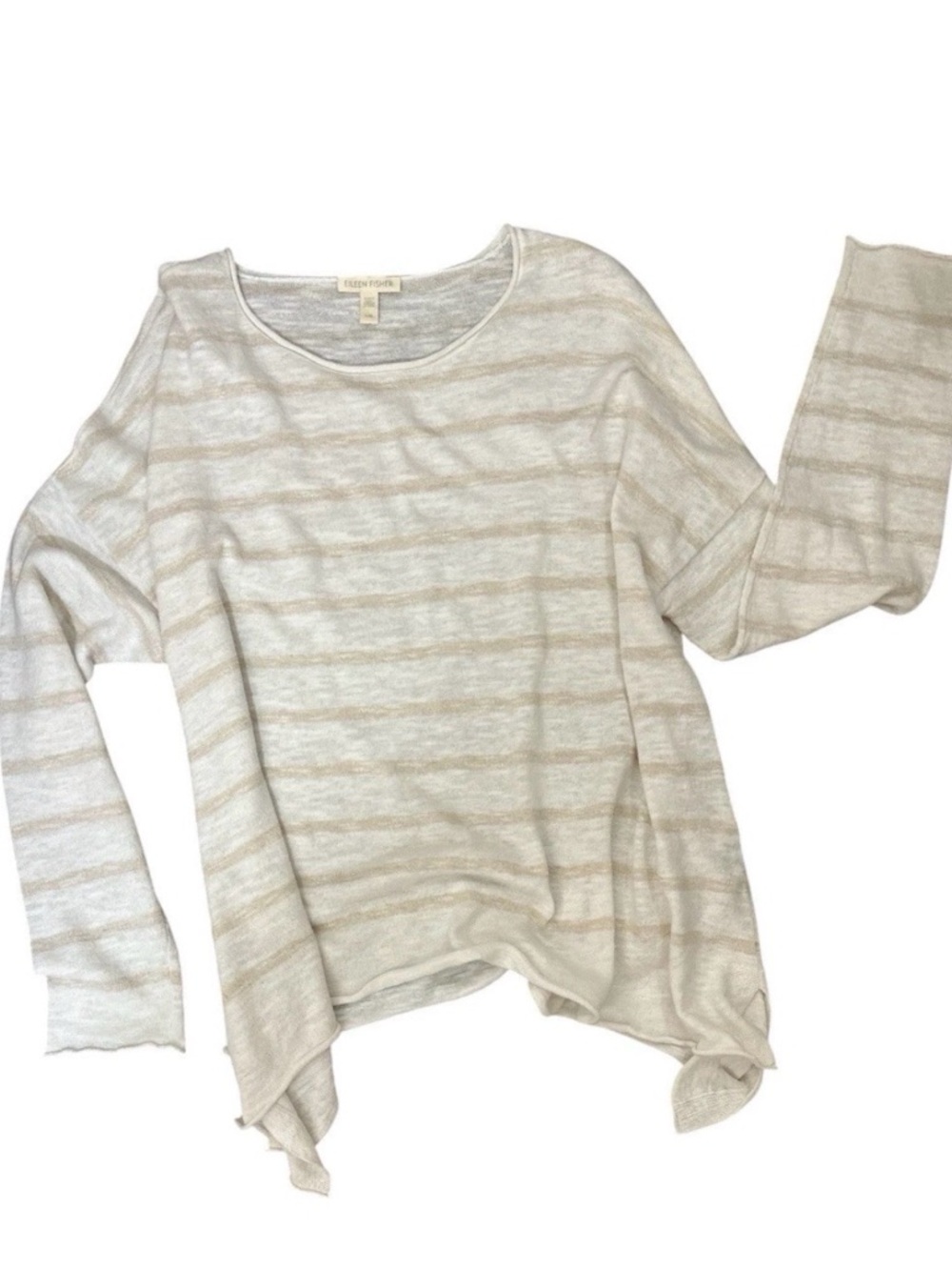 Eileen Fisher Organic Linen/Organic Cotton Top Striped Scoop Neck Ivory/Tan Sz L